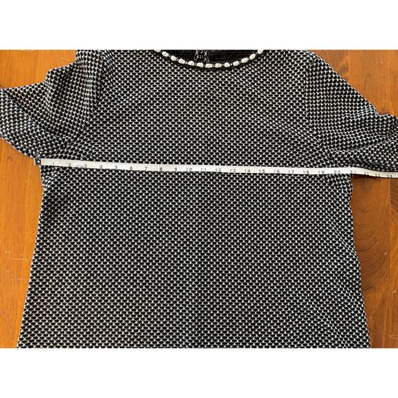 Elle Womens XL Pearl Embellished Blouse 3/4 Sleeve Collar Black White Pattern - Picture 9 of 11